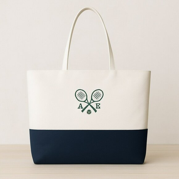 Mark and Graham Tennis Tote Bag A/E Design Large White & Gray Faux Leather With - Picture 1 of 9